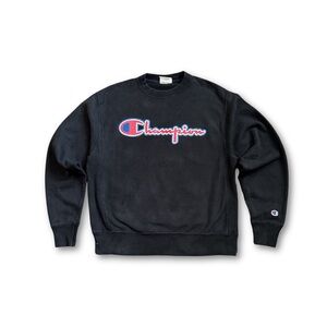 Vintage Y2k Champion Embroidered Reverse Weave Mens Medium Black Sweatshirt 90s